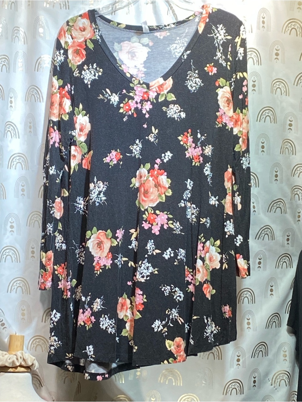 Popana Black Floral V-Neck Tunic with Pink and Coral Roses